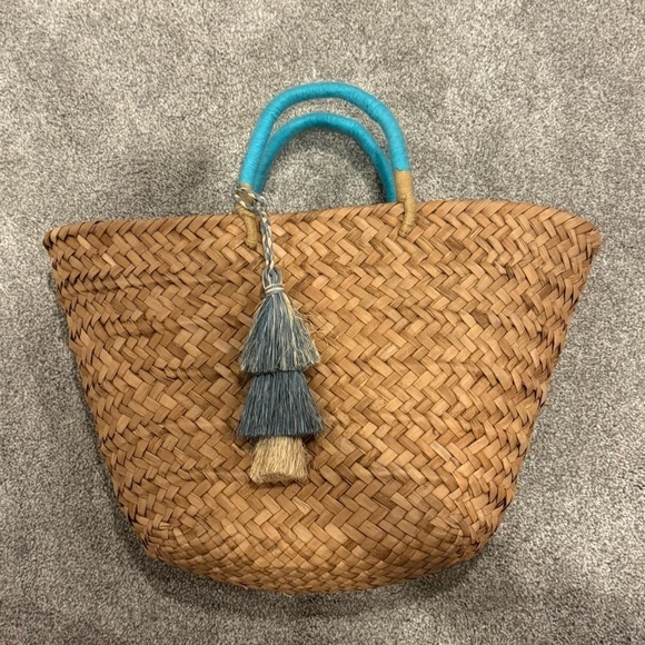 Kayu Handbags - Kayu St. Tropez tote large blue handles and tassel straw basket bag